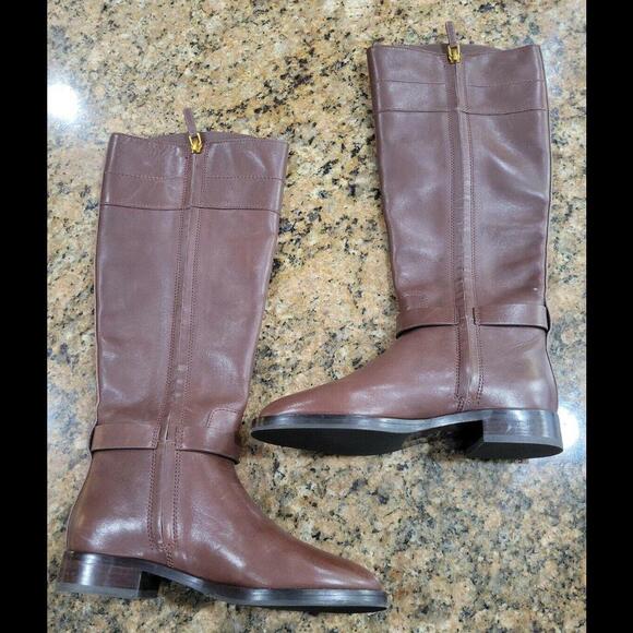 TORY BURCH Logo Everly Brown Leather Knee High Riding Tall Boots 4.5 NEW $498 - Picture 2 of 9